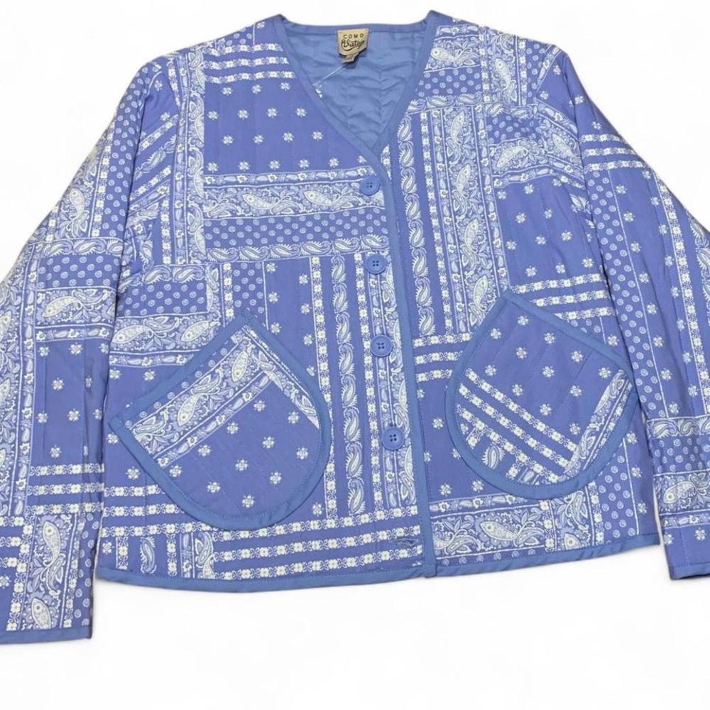 Como Vintage Blue Paisley Patchwork Quilted Bomber Jacket